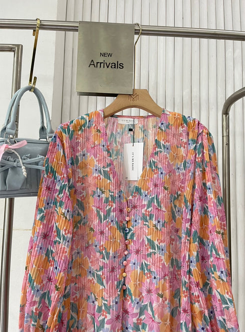 Floral Pleated V-Neck Chiffon Shirts